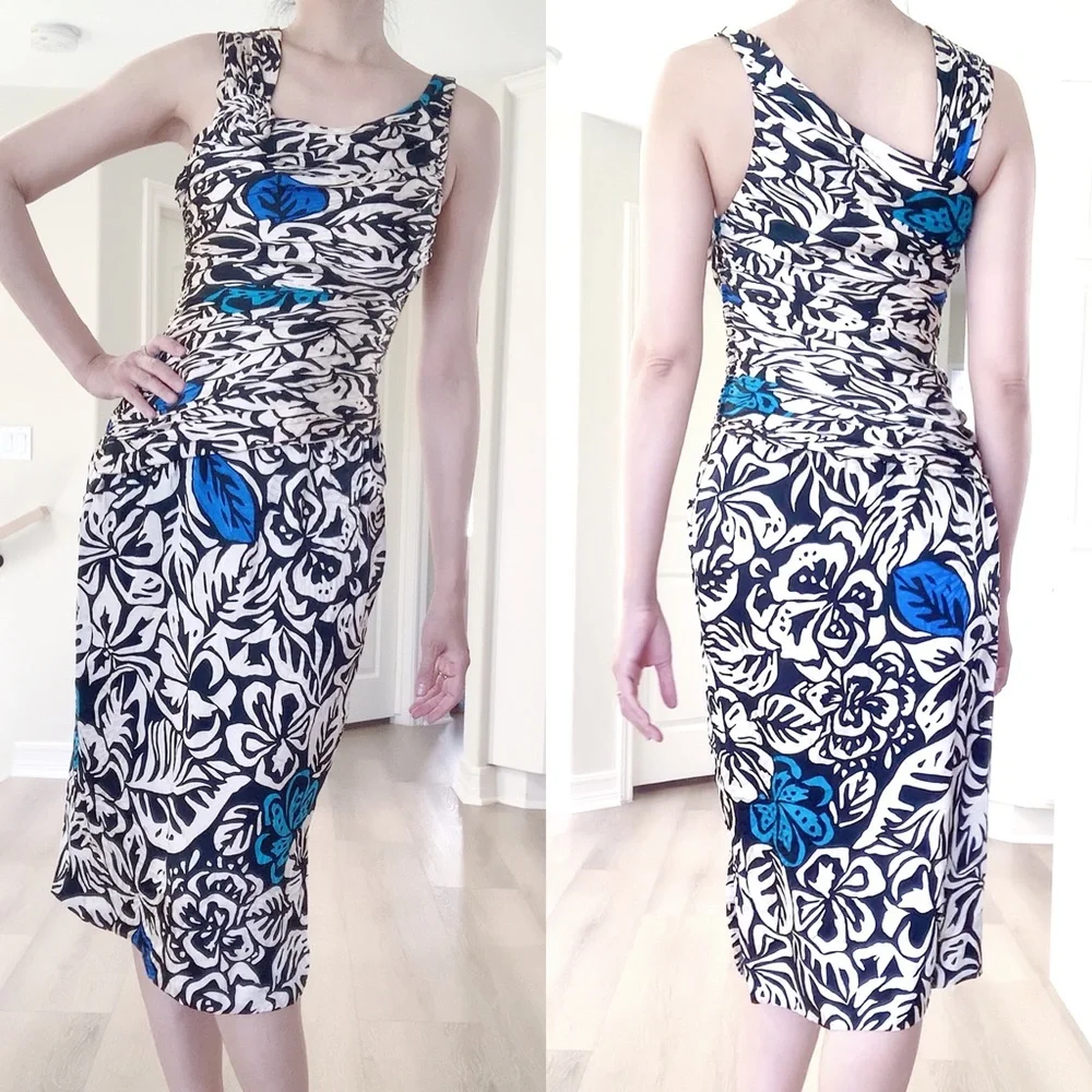 SILKS BY ST. GILLAN Vibrant Floral Abstract Leaf Print Silk Wiggle Dress - Picture 3 of 15